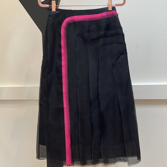 LANVIN black with pink raw edge layered silk midi skirt XXS NEW - Picture 2 of 6